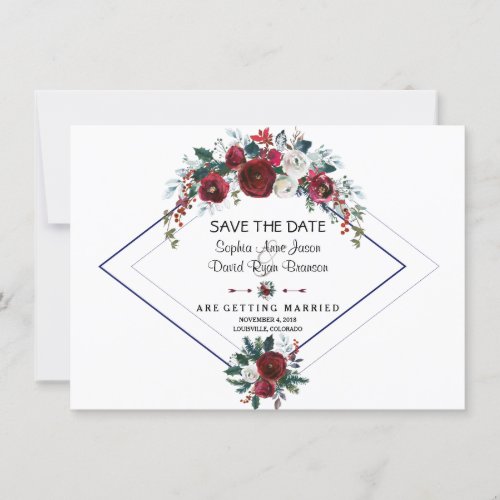 Charm Burgundy Floral Pine Navy Blue Save The Date