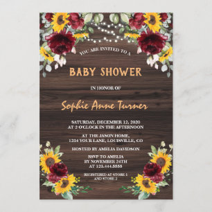 Charm Burgundy Floral Sunflowers Wood Baby Shower Invitation