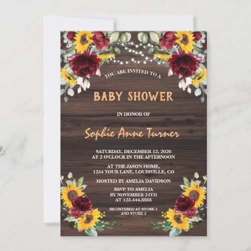 Charm Burgundy Floral Sunflowers Wood Baby Shower Invitation