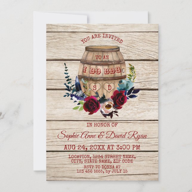 Charm Burgundy Floral Wine Barrel I DO BBQ Invitation (Front)