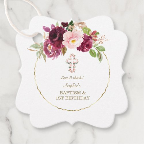 Charm Burgundy Flowers Gold 1st Birthday  Baptism Favor Tags