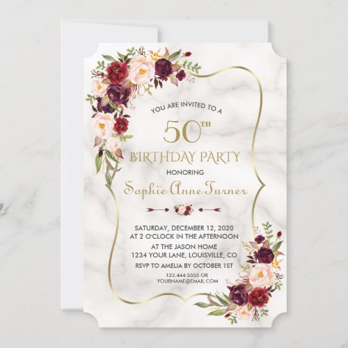 Charm Burgundy Flowers Gold Marble 50th Birthday Invitation