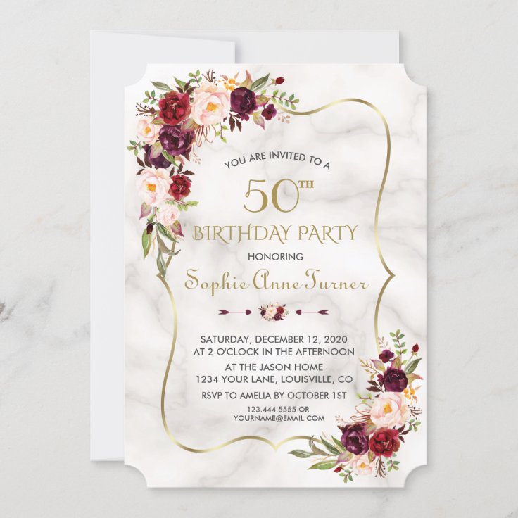 Charm Burgundy Flowers Gold Marble 50th Birthday Invitation | Zazzle