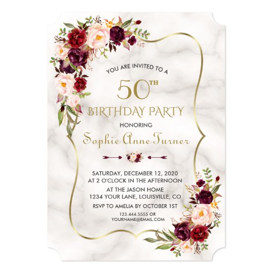 Charm Burgundy Flowers Gold Marble 50th Birthday Invitation | Zazzle.com