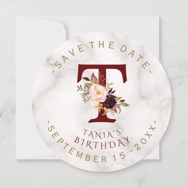 Charm Burgundy Flowers Gold Marble Photo Birthday Save The Date (Front)