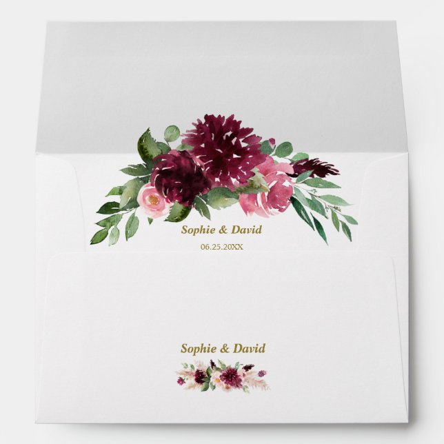 Charm Burgundy Flowers Wedding Return Address Envelope (Back (Bottom))