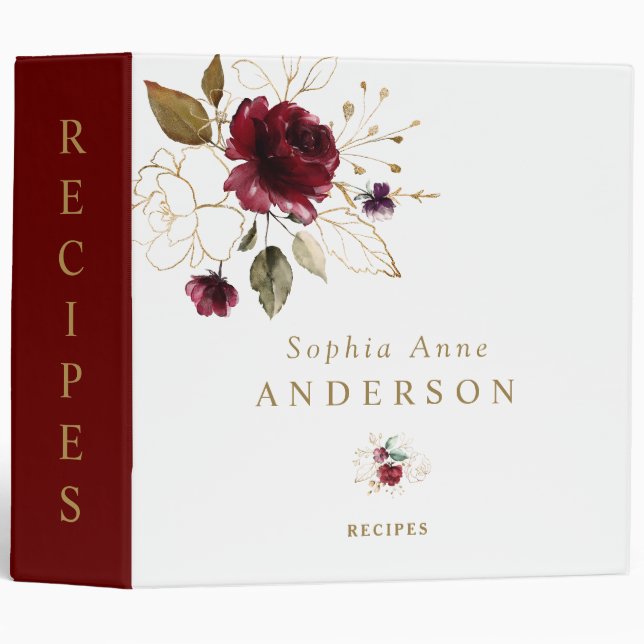 Charm Burgundy Gold Floral Monogram Recipes 3 Ring Binder (Front/Spine)