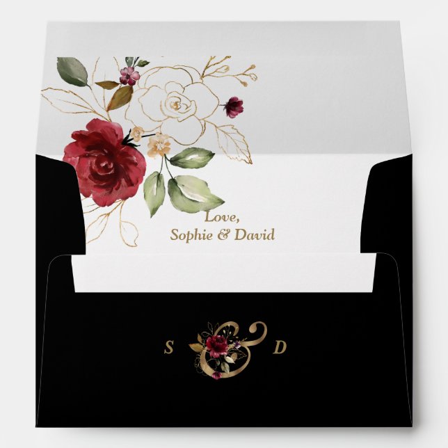 Charm Burgundy Gold Floral Wedding Return Address Envelope (Back (Bottom))