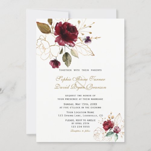 Charm Burgundy Gold Flowers Monogram Wedding Invitation