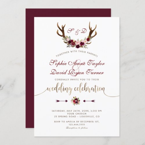 Charm Burgundy Marsala Floral Antlers Gold Wedding Invitation