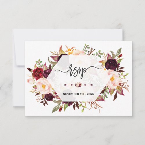 Charm Burgundy Marsala Floral Geometric Wedding RSVP Card