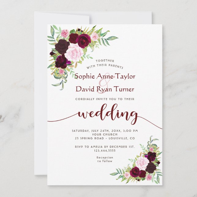 Charm Burgundy Marsala Floral Gold Wedding Invitation (Front)