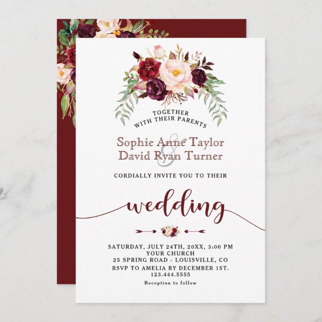 Charm Burgundy Marsala Floral Handwriting Wedding Invitation (Front/Back)