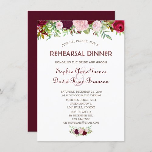 Charm Burgundy Marsala Floral Rehearsal Dinner Invitation