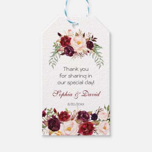 Charm Burgundy Marsala Floral Wedding Gift Tags