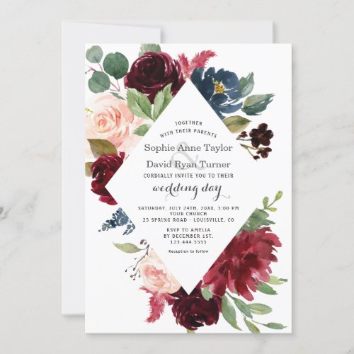 Charm Burgundy Navy Blue Blush Floral Wedding Invitation