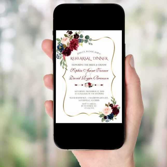 Charm Burgundy Navy Blue Floral Rehearsal Dinner Invitation (Front Digital)