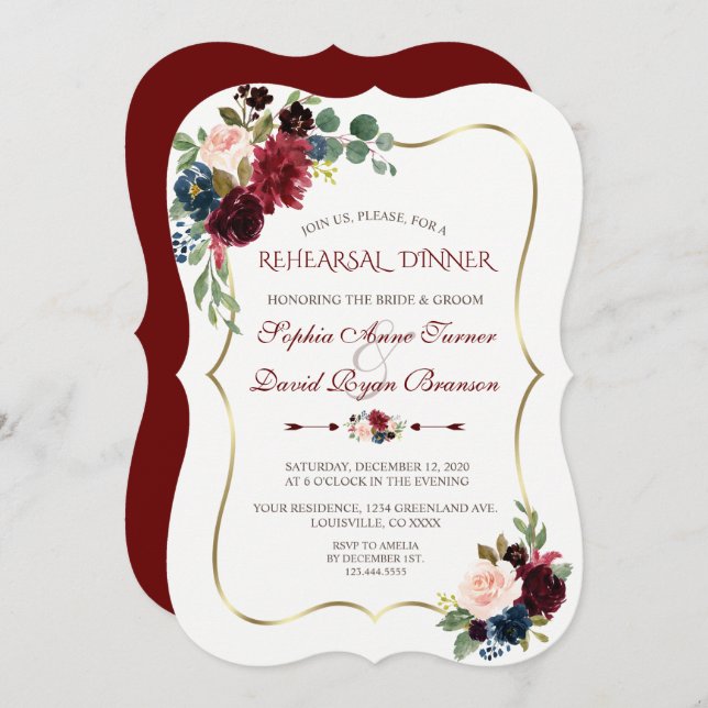Charm Burgundy Navy Blue Floral Rehearsal Dinner Invitation (Front/Back)