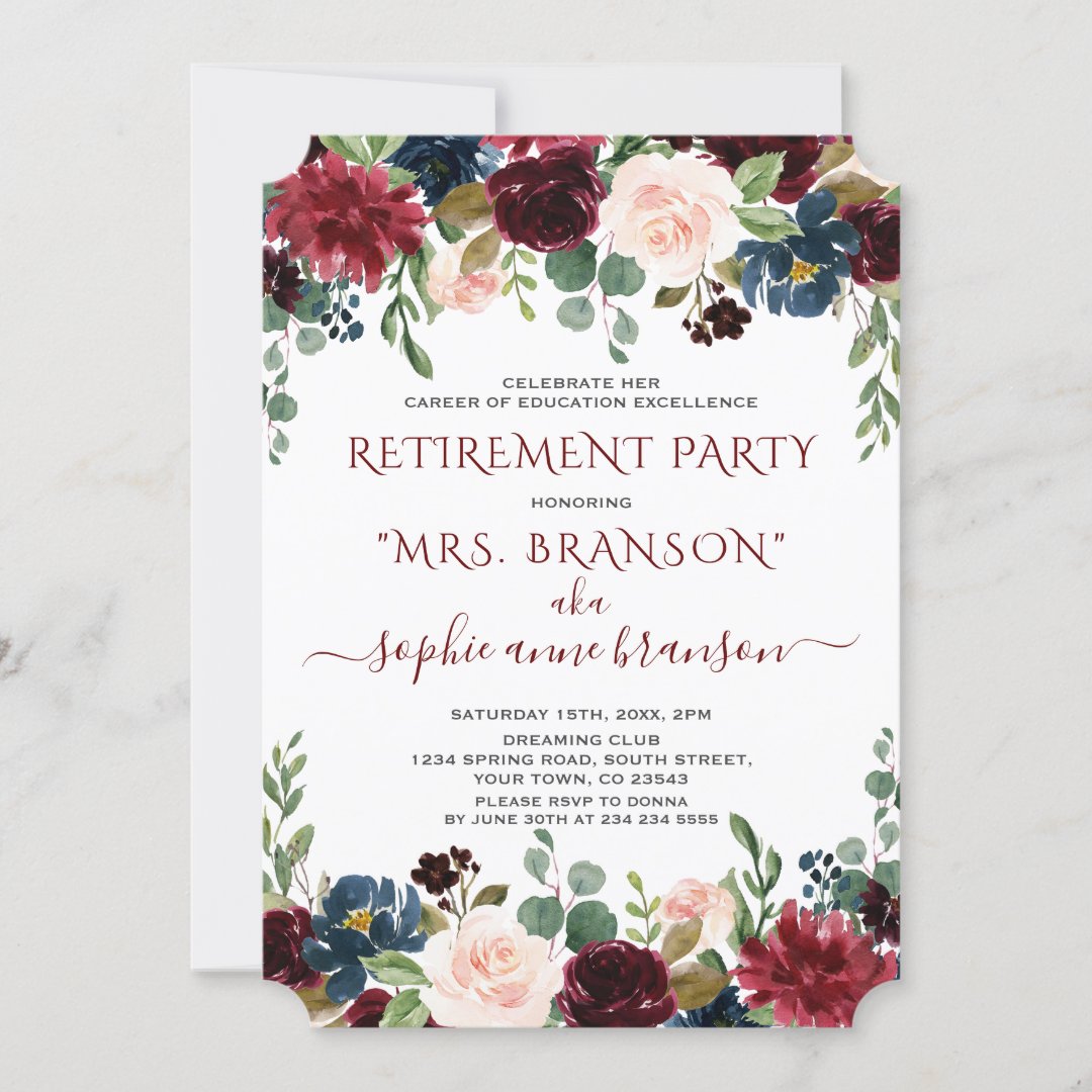 Charm Burgundy Navy Blue Floral Retirement Party Invitation | Zazzle