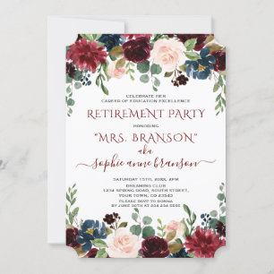 Charm Burgundy Navy Blue Floral Retirement Party Invitation