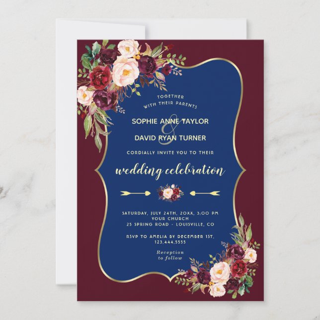 Charm Burgundy Navy Blue Gold Floral Wedding Invitation (Front)