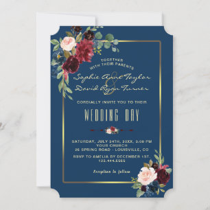 Charm Burgundy Navy Floral Golden Frame Wedding Invitation