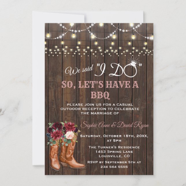 Charm Burgundy Pink Cowboy Boots After I DO BBQ Invitation (Front)