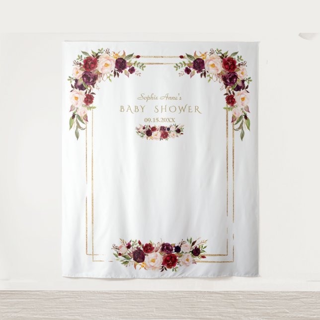 Charm Burgundy Pink Floral Baby Shower Photo Booth Tapestry (Front)