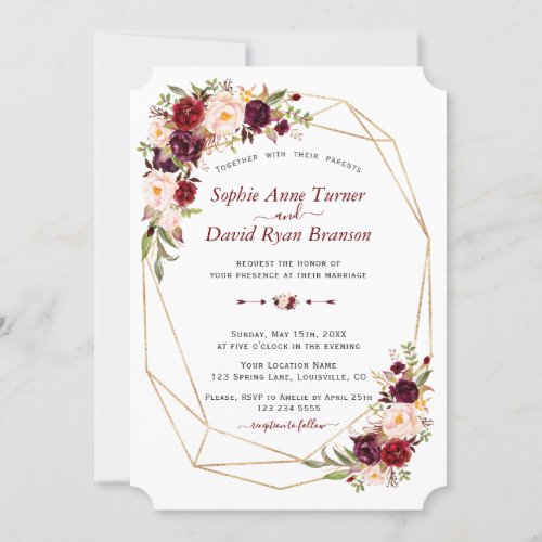 Charm Burgundy Pink Floral Gold Frame Wedding Invitation