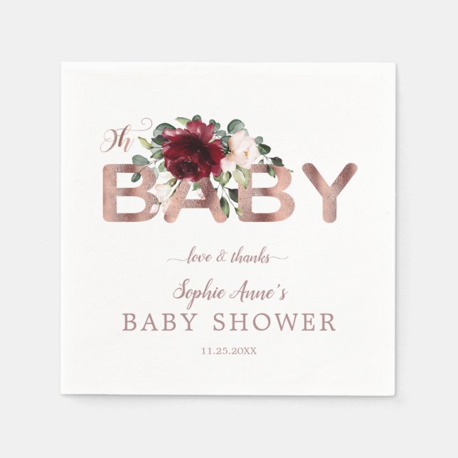 Charm Burgundy Pink Floral Gold Girl Baby Shower Napkins (Front)