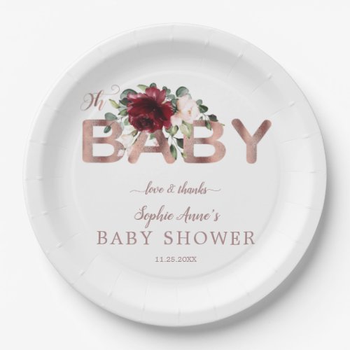 Charm Burgundy Pink Floral Gold Girl Baby Shower Paper Plates
