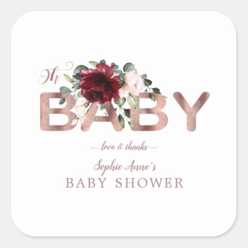 Charm Burgundy Pink Floral Gold Girl Baby Shower Square Sticker