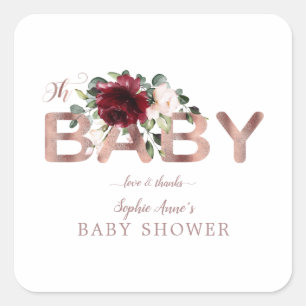 Charm Burgundy Pink Floral Gold Girl Baby Shower Square Sticker