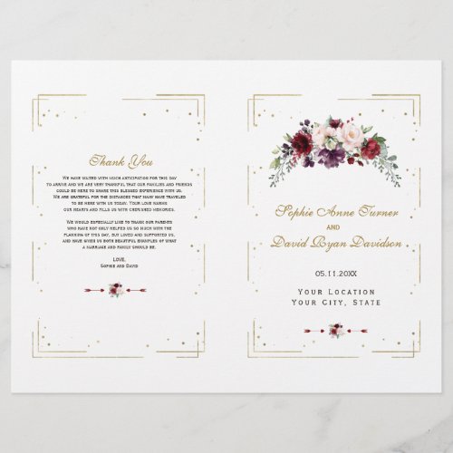 Charm Burgundy Pink Floral Gold Wedding Program