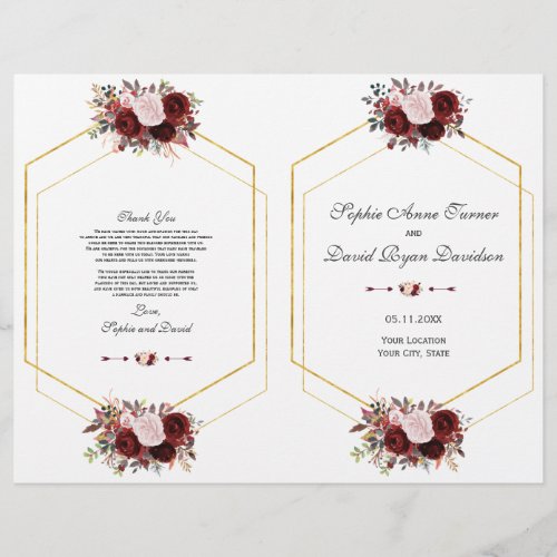 Charm Burgundy Pink Floral Gold Wedding Program Flyer