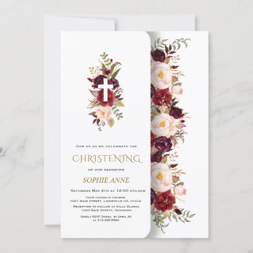 Charm Burgundy Pink Flowers Gold Girl Christening Invitation