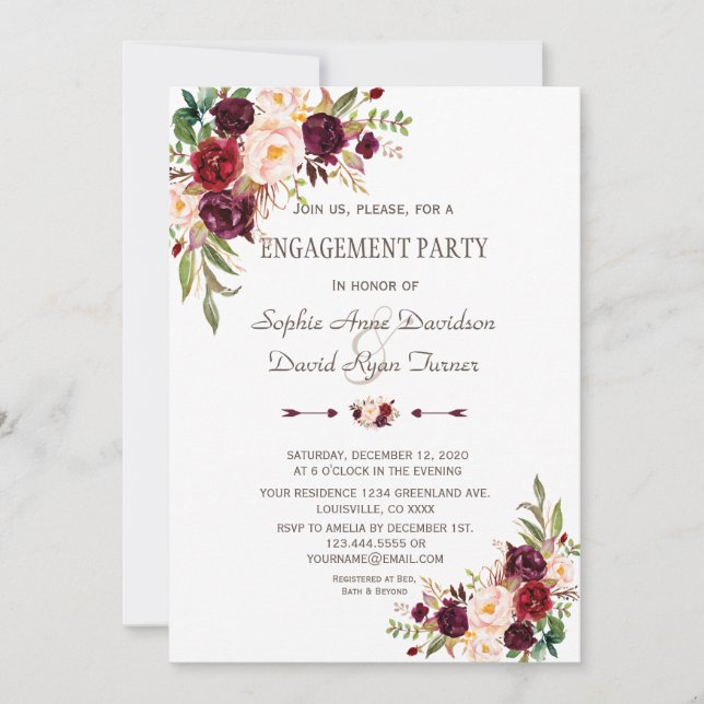 Charm Burgundy Red Marsala Floral Engagement Party Invitation (Front)