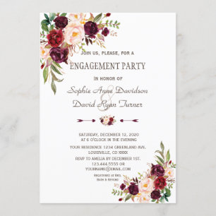 Charm Burgundy Red Marsala Floral Engagement Party Invitation