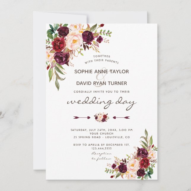 Charm Burgundy Red Marsala Floral Wedding Invite (Front)