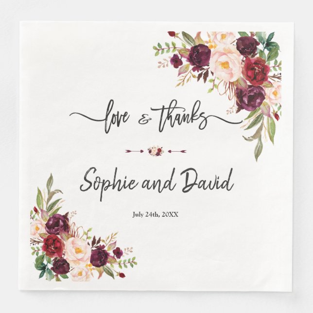 Charm Burgundy Red Marsala Floral Wedding Paper Dinner Napkins (Front)