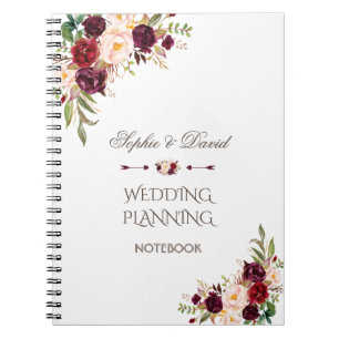Charm Burgundy Red Marsala Floral Wedding Planner Notebook