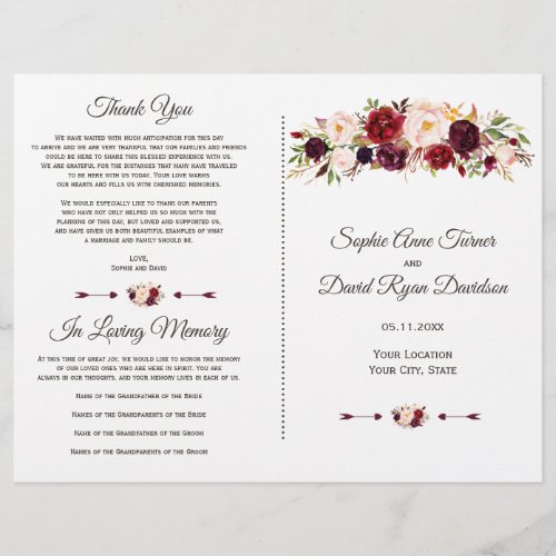 Charm Burgundy Red Marsala Floral Wedding Program