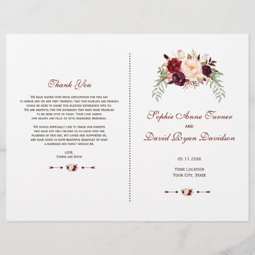 Charm Burgundy Red Marsala Floral Wedding Program Flyer