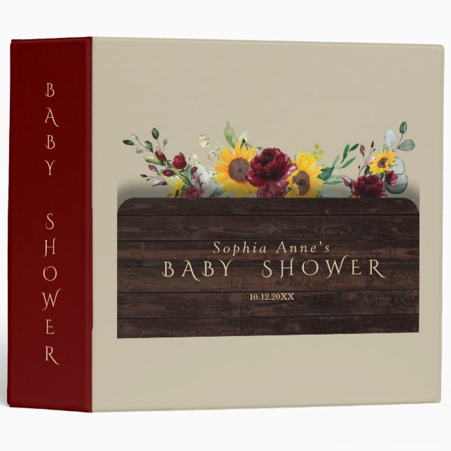 Charm Burgundy Sunflowers Baby Shower Photo Album 3 Ring Binder (Front/Spine)