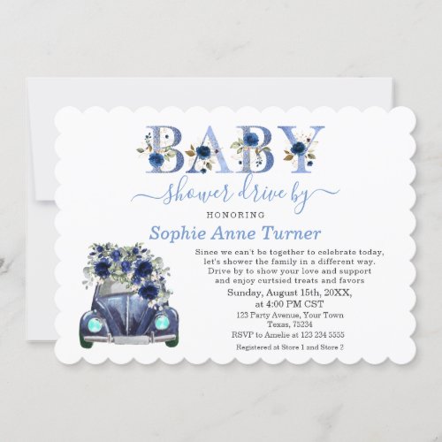 Charm Car Blue Floral Boy Baby Shower Drive By Invitation