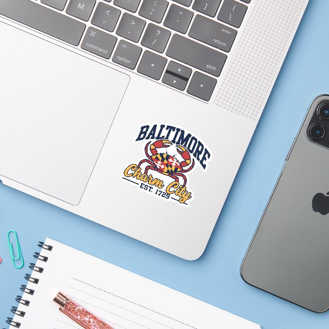 Charm City Baltimore Maryland Crab Flag Design Sticker (Laptop w/ iPhone)