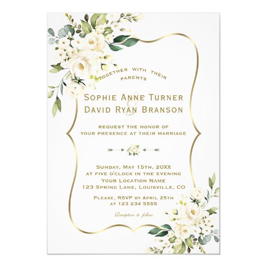 Charm Delicate White Flowers Gold Frame Wedding Invitation | Zazzle.com