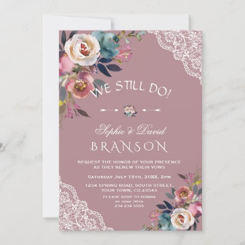 Charm Dusty Blue Dusty Rose Floral We Still Do Invitation