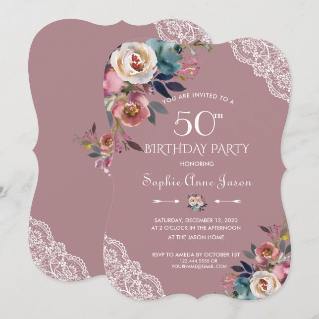Charm Dusty Blue Dusty Rose Flowers 50th Birthday Invitation (Front/Back)