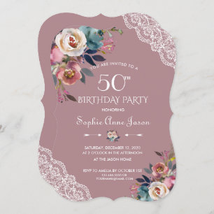Charm Dusty Blue Dusty Rose Flowers 50th Birthday Invitation